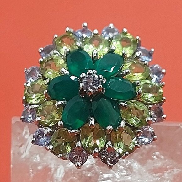Natural Aventurine 6x4mm, Peridot, Tanzanite 925 Sterling‎ Silver Ring Size 6.75 - Picture 1 of 11